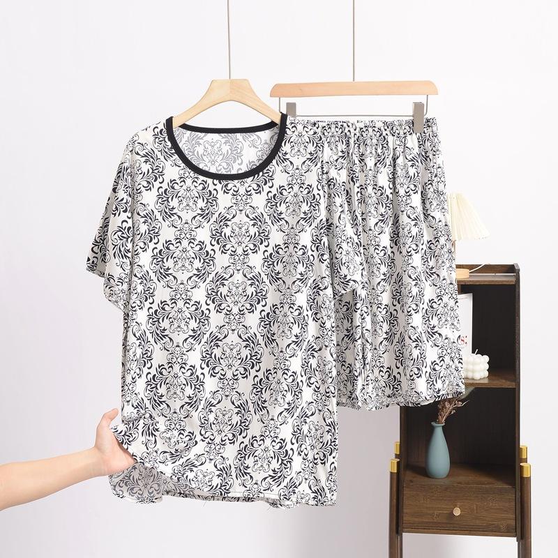 Summer Men's Cotton and Silk Pajamas, Short-sleeved, Large-sized Loose Casual Printed Home Wear, Can Be Worn As An Outer Suit