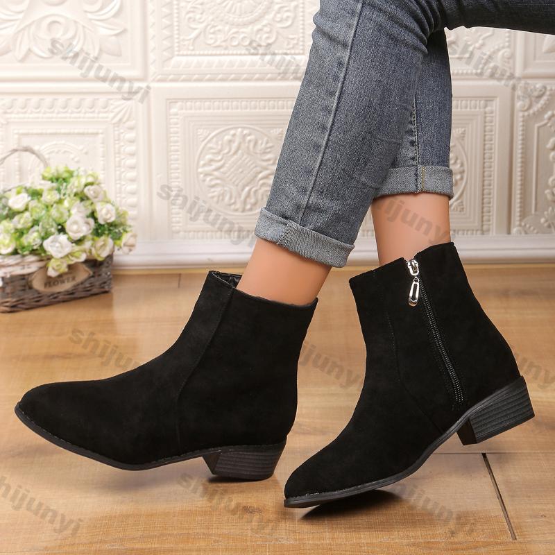 Fashion Women's Fashion Thick Heel Boots Autumn Winter New Round Head Thick Sole Non-slip Short Boots Size Zipper Suede Short Booties