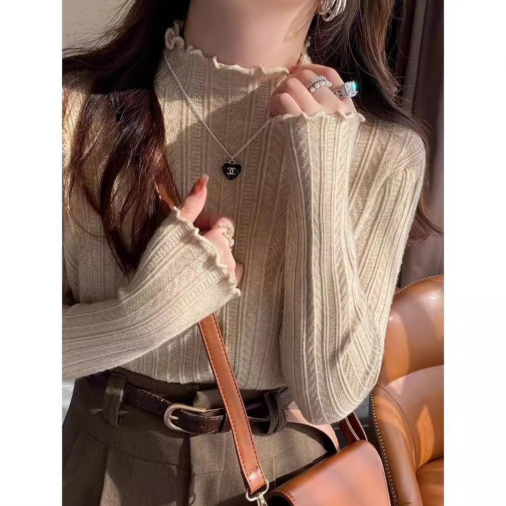 Delicate Fungus Edge Semi-turtleneck Knitted Bottoming Shirt Women's Spring, Autumn and Winter New Slim-fitting Inner Top Soft Waxy Sweater