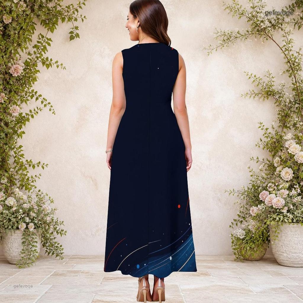 Women Plus Size Keyhole Neck Sleeveless Galaxy Printed A Line Long Dress Red Blue White