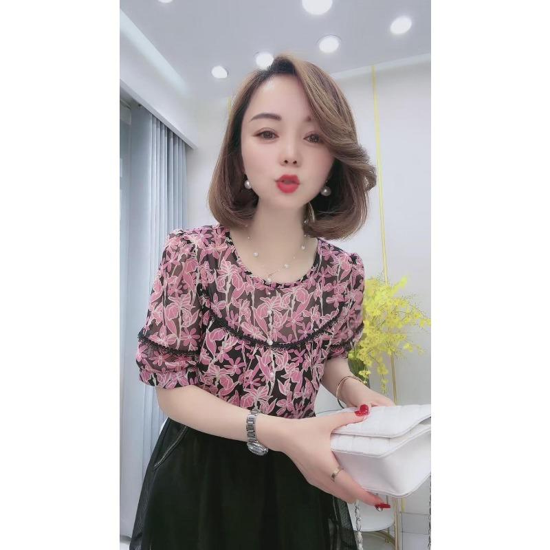 Women Casual Floral Print Lace Trim Loose Chiffon Blouse