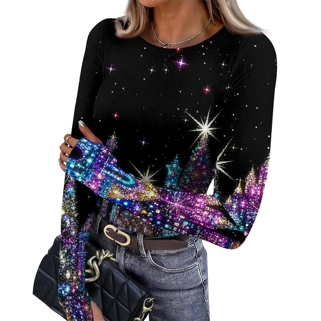 Women's Slim Fit Base Layer T-Shirt, Christmas Print Crewneck Long Sleeve Top with Thumb Holes