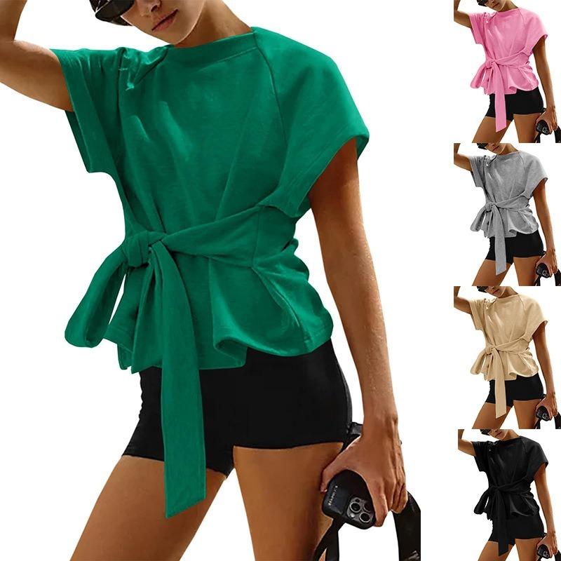 Women European Style Loose Round Neck Waist Tie Bow Short Sleeve Casual Top