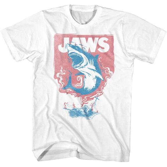 Jaws 70 s Thriller Movie Great White Shark & Boat Fire Men s T Shirt 2XL