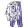 Conjunto de Dos Piezas a Rayas para Mujer Camisa Blusa de Manga Larga con Solapa y Botones y Pantalón Traje Deportivo Casual de Verano