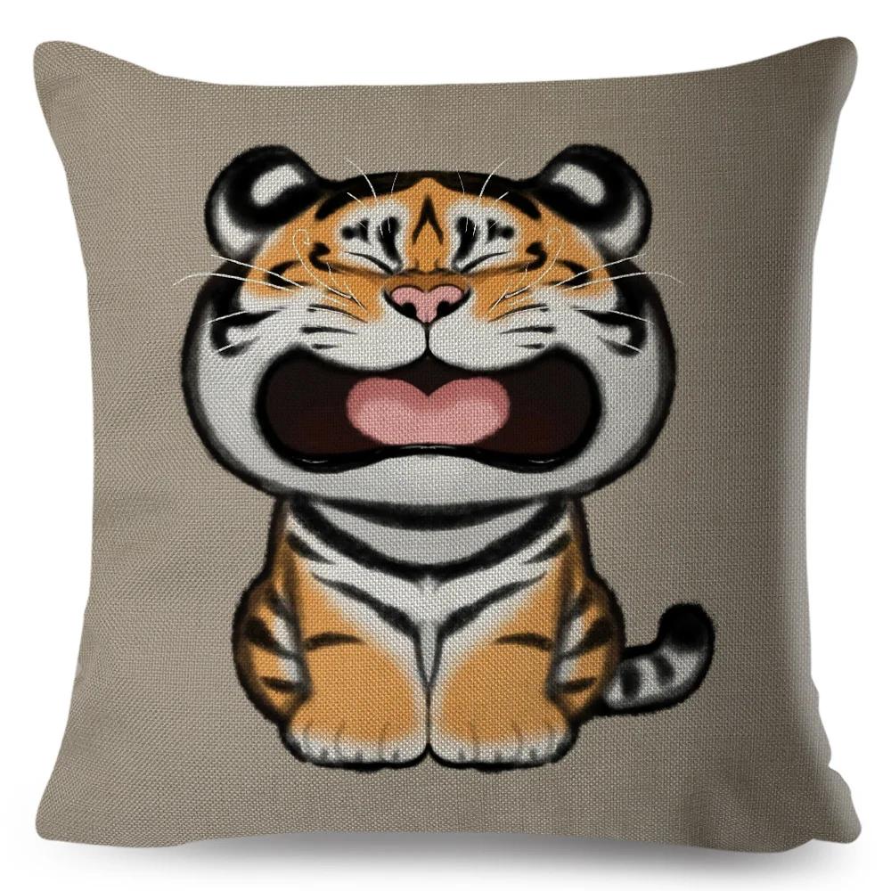 Funny Fat Tiger Cushion Cover Decor Cute Cartoon Animal Pillow Case for Sofa Home Car Linen Chinese Ink Throw Pillowcase