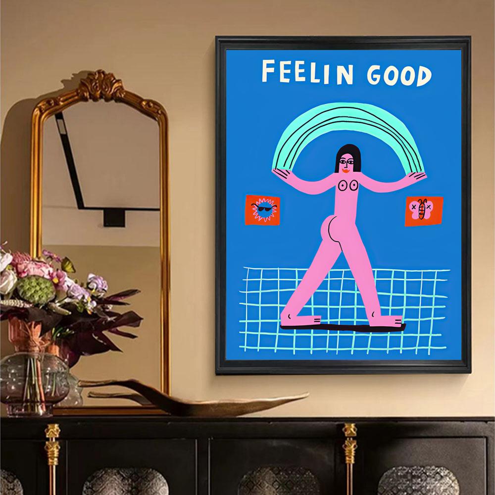 Cartoon Cat Mood Body Moon Lady Poster Retro Print Paper Waterproof High Quality Sticker Home Living Room Bar Wall Decor