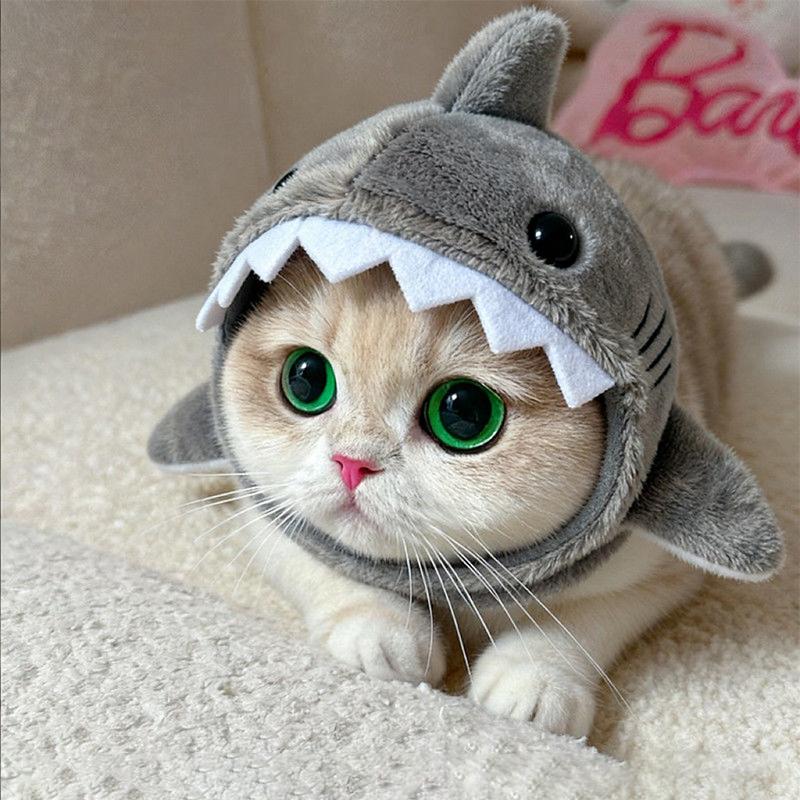 Kitten Outfits Adjustable Cat Shark Headdress Warm Plush Cartoon Pet Cosplay Headwear Cute Soft Cat Warm Hat Cosplay Party