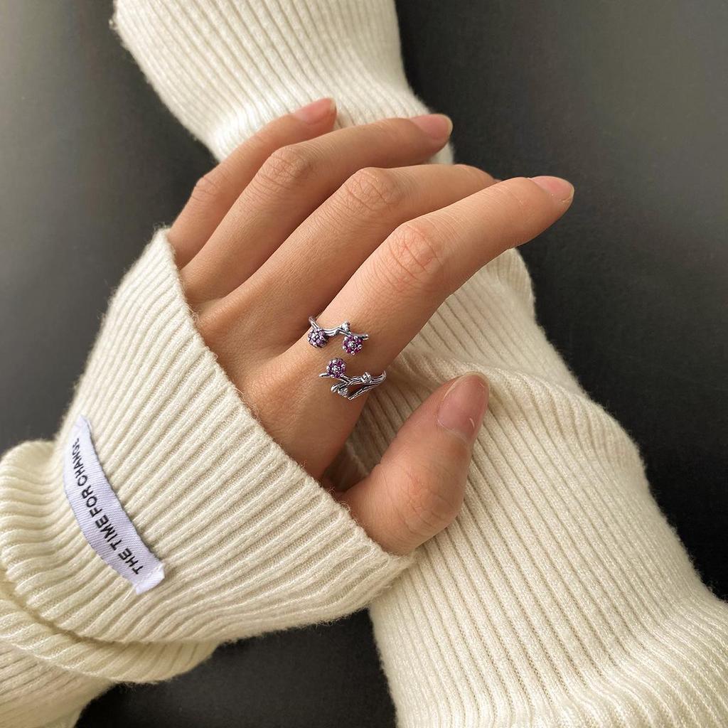 S925 Sterling Silver Pink Plum Blossom Open Ring - Vintage Floral Oxidized Jewelry for Women