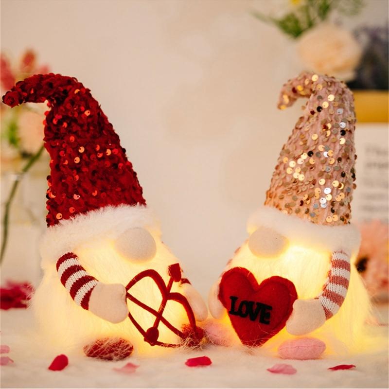 Valentine's Day Gnome Sequins Hat with Led Light Plushes Beard Doll Ornament for Elf Decoration New Year Holiday Gift