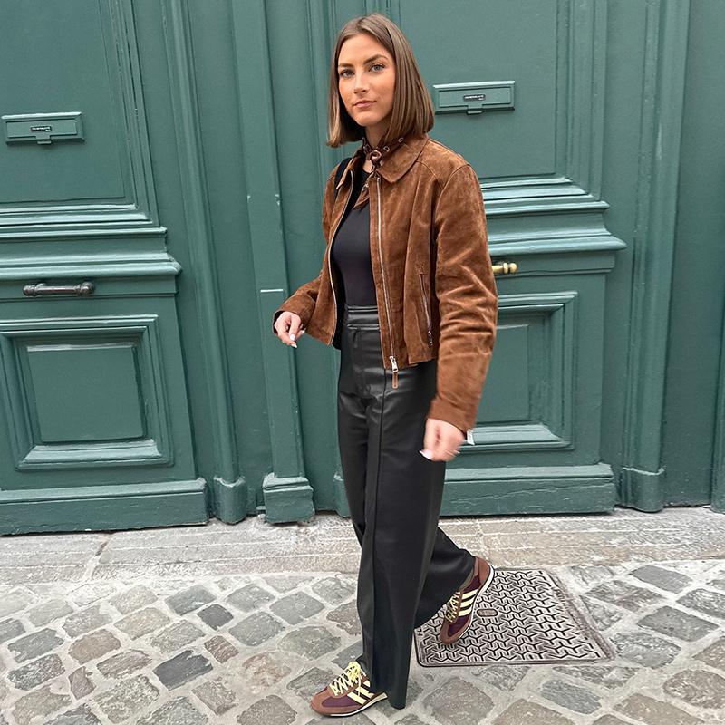 Turndown Collar Zipper Long Sleeve Brown Suede Jacket Windproof Warm Women's Retro Short Jacket Spring and Autumn