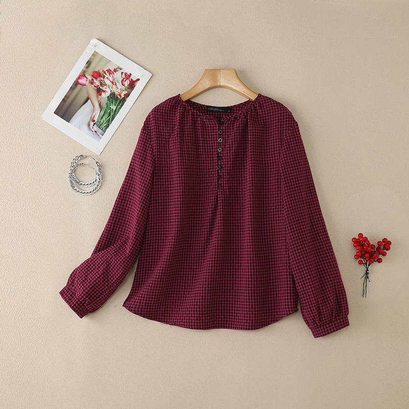 ZANZEA Women Casual Round Neck Long Sleeve Plaid Print Loose Blouse