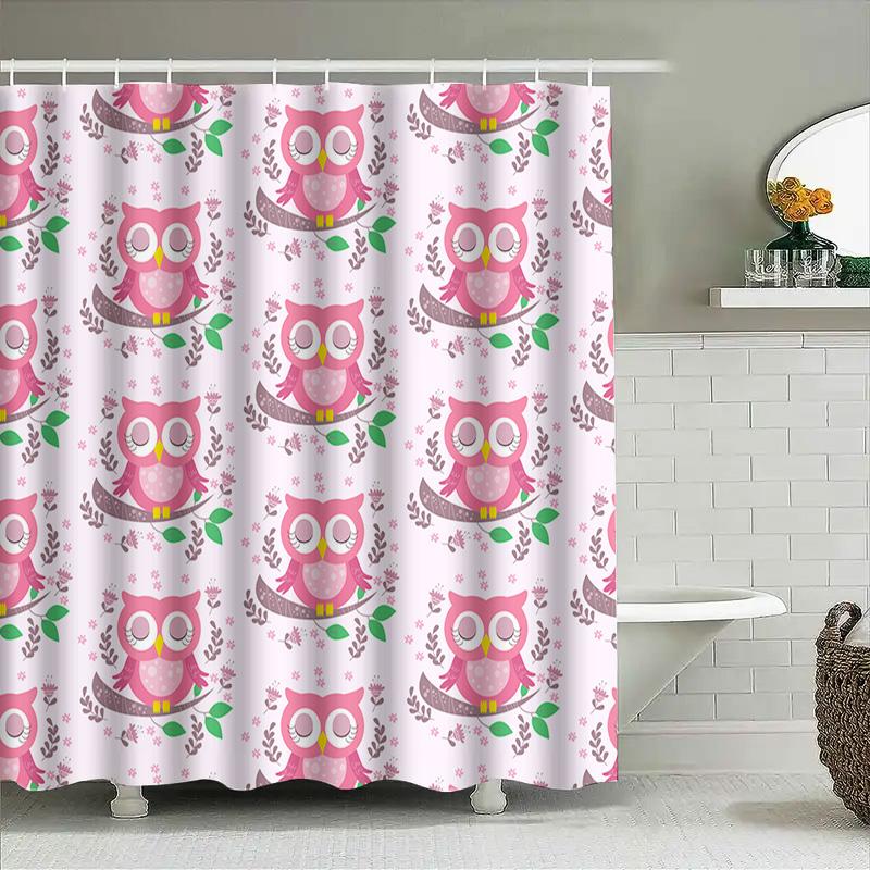 Owl Pattern Shower Curtain Pink Animal Bath Decor