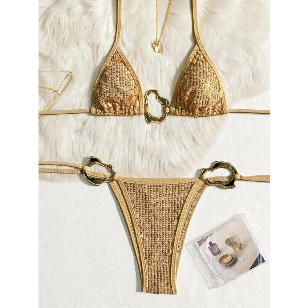 

sexy glitter sequin gold bikinis sets two pieces metal ring micro mini tie highwaist swimsuits beachwear bathing suit swimwear M золотий