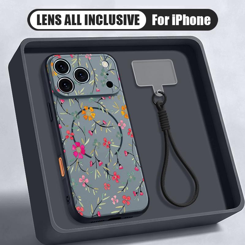Little Flower Pattern Magnetic Lanyard Phone Case For iPhone 17 Pro Max 16 15 14 13 Pro Max For Magsafe Shockproof Hard PC Cover