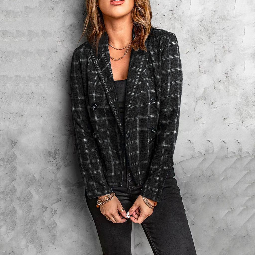 Damen Blazer mit Karomuster, lässige Bürojacke mit Knopfleiste und Revers, vielseitiger Business- und Alltagsmantel