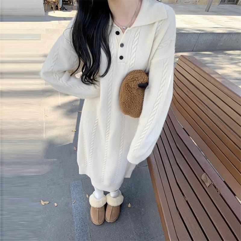 Medium and long pullover knitted top for women's autumn and winter new loose temperament lapel sweater skirt