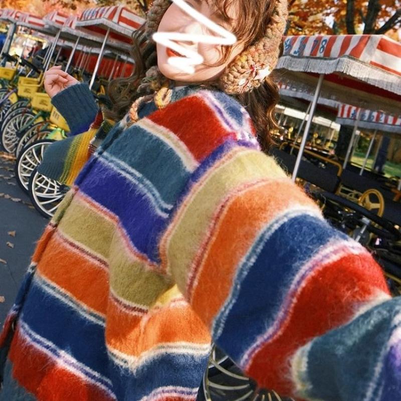 Women Colorful Striped Round Neck Sweater Japanese Retro Fashion Round Neck Cardigan Autumn Loose Lady Single Breasted Top