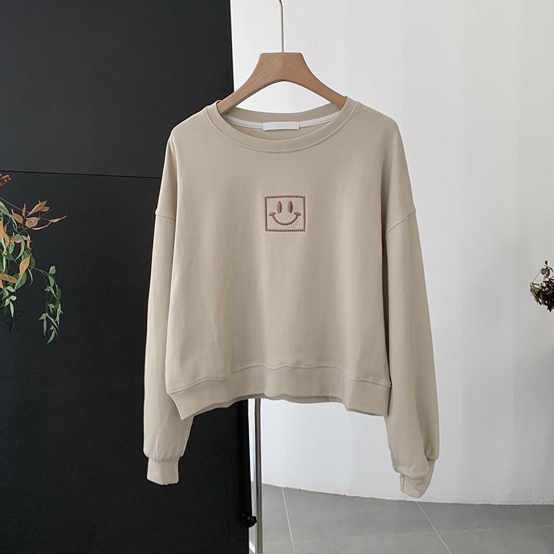 

Женская толстовка с круглым вырезом и вышивкой, топ со смайлом, повседневный свободный пуловер с длинными рукавами One size абрикосовый
