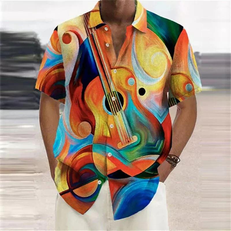 Street Art Graffiti 3D Printed Shirt Men Music Guitar Pattern Lapel Button Casual Blouse S