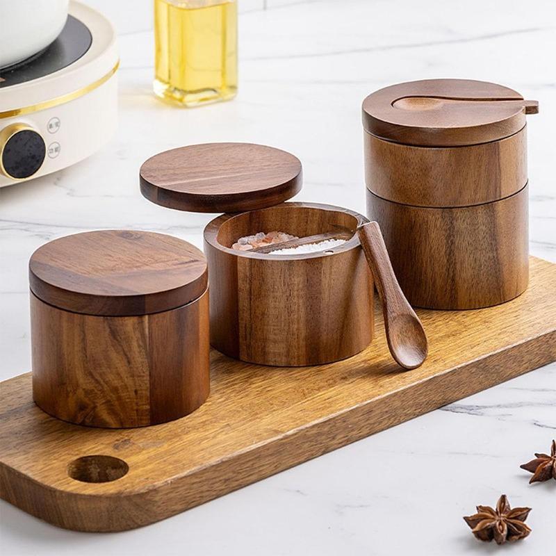 Saleiro e Pimenteiro de Madeira de Acácia, Frascos de Madeira Natural para Especiarias, Recipientes de Armazenamento de Condimentos de Cozinha para Sal, Pimenta, Especiarias