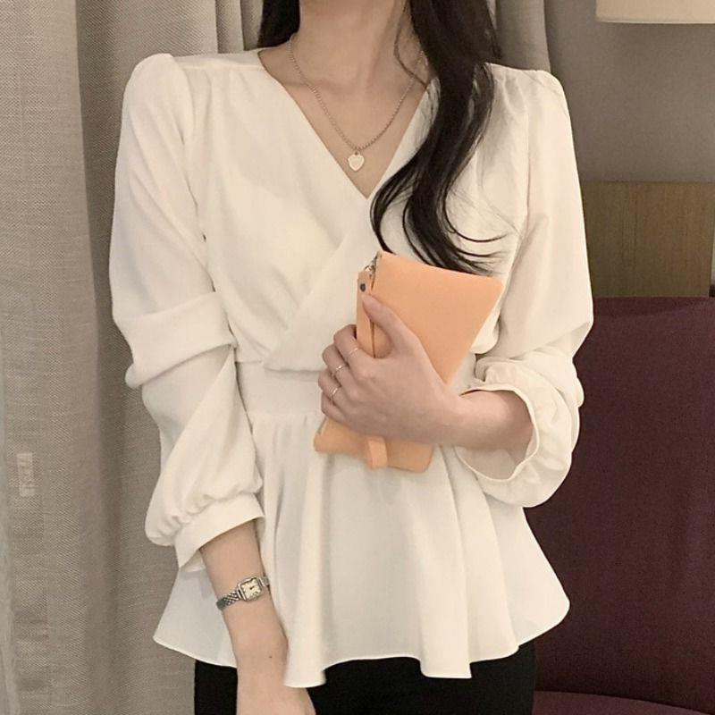 Spring Autumn Temperament White V-neck Chiffon Shirt Women Long Sleeve Waist Lace Up Pullover Blouse Top