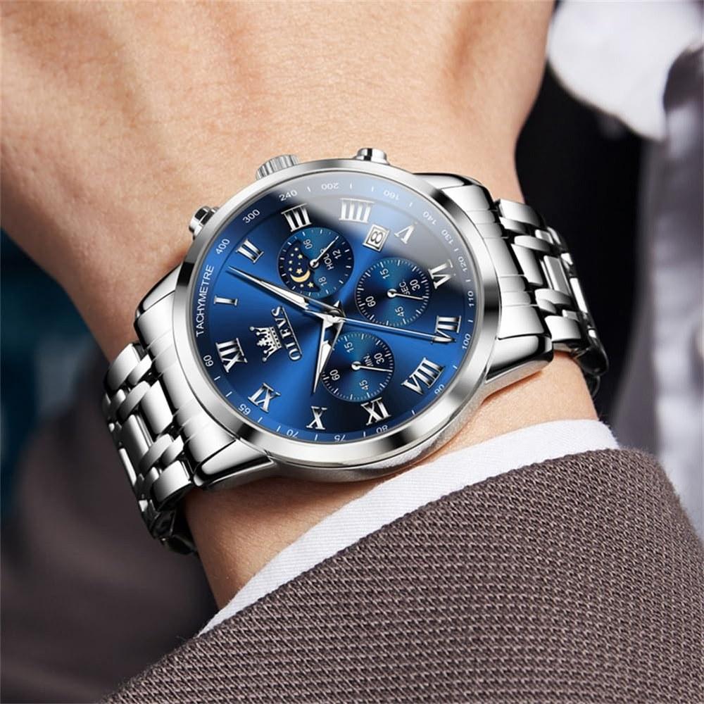 OLEVS Multi-Function Men's Wristwatch Stainless Steel Band Classic Quartz Analog Waterproof Date Luminescent Fashion Business Watch
