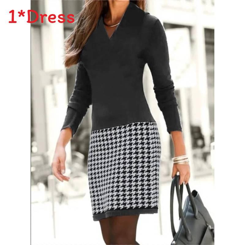 Elegant Polyester Knit Long Sleeve Vneck Patchwork Dress For Winter