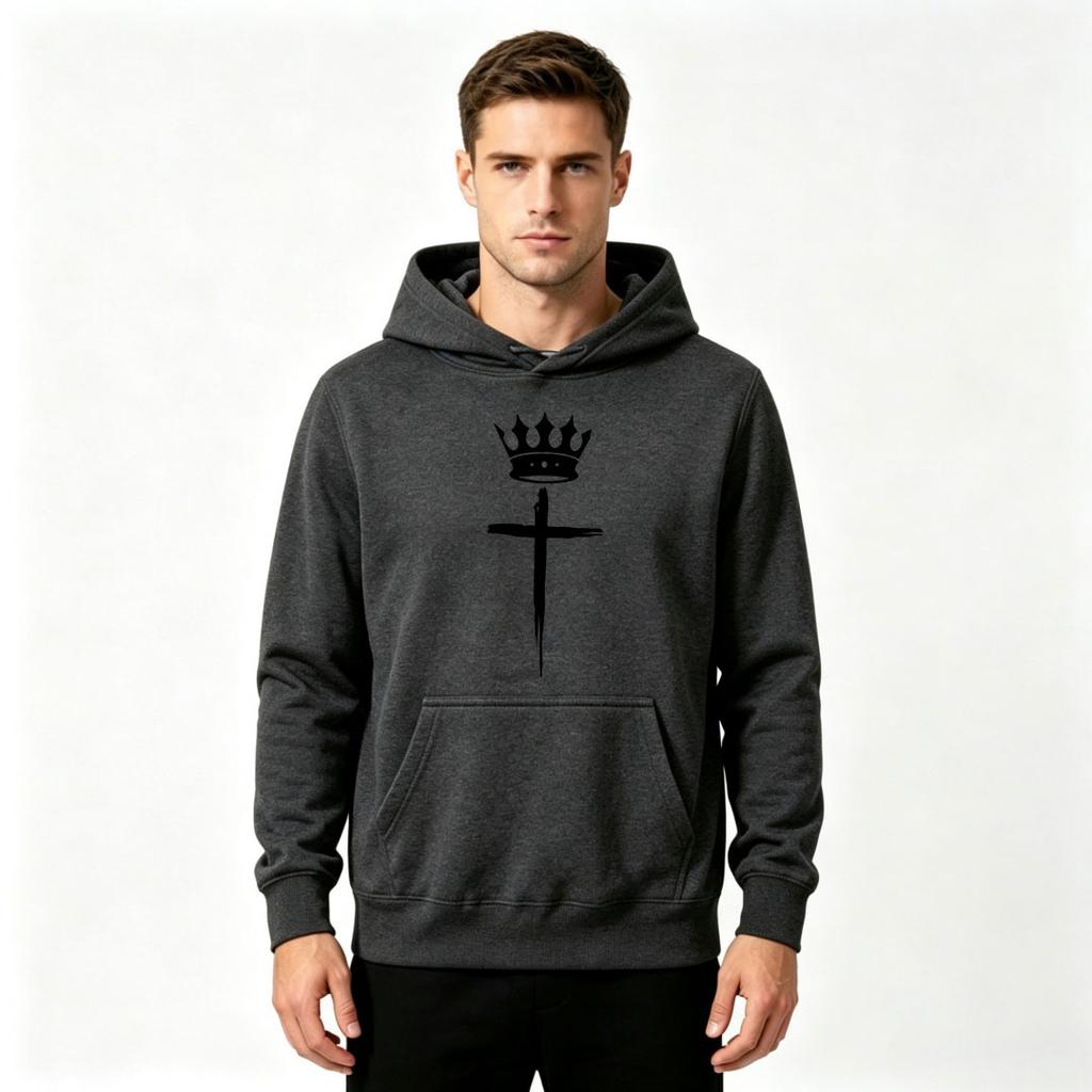 Men's Fashion Christian Cross Crown Print Hoodie Casual Long Sleeve Loose Pullover Hooded Sweatshirt Autumn Winter Streetwear Daily Top for Men