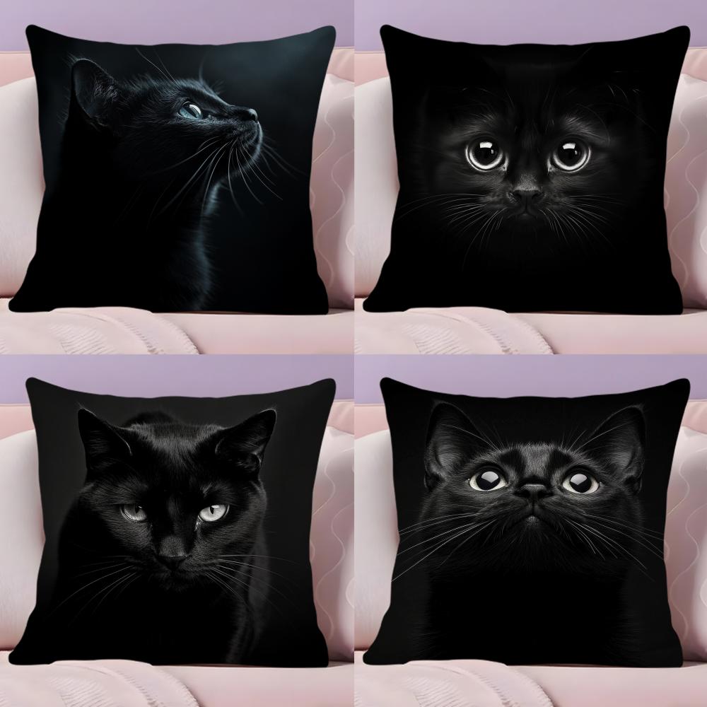 Black Cat Cute Kitty Cushion Cover Plush Fabric Soft Double-Sided Printed Sofa Warm Winter Home Gift Pillow Cover