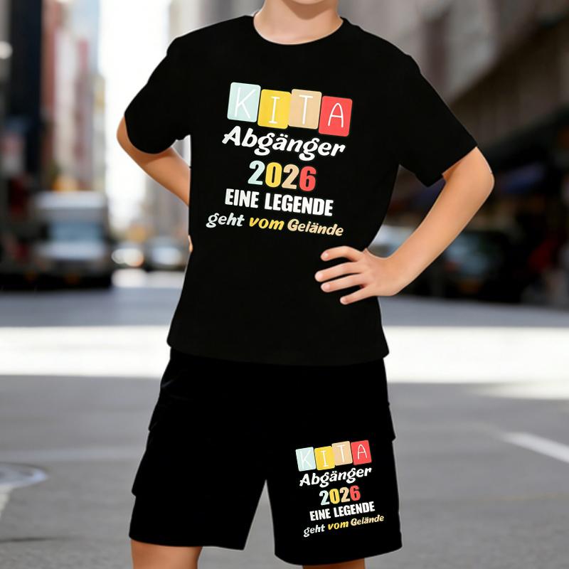 

Boys 2 Piece Kindergarten Graduate Themed Printed Outfit, Short Sleeve T-Shirt and Shorts Set for Kids Age 5-14,Black Sporty Casual Summer Clothes 5-6 Years чёрный