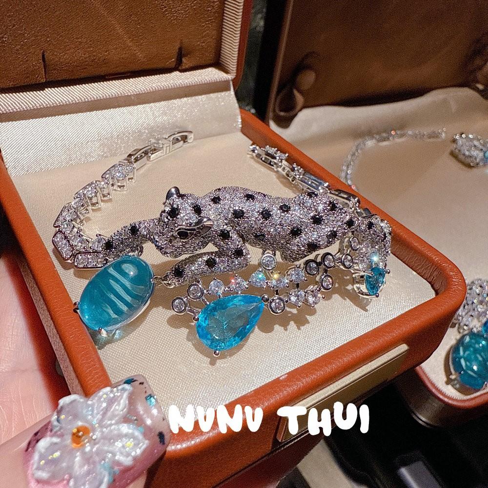 Vintage Court Cheetah Topa Blue Water Drop Gemstone Necklace Haute Couture Jewelry Leopard Blue Water Drop Zircon Bracelet Set