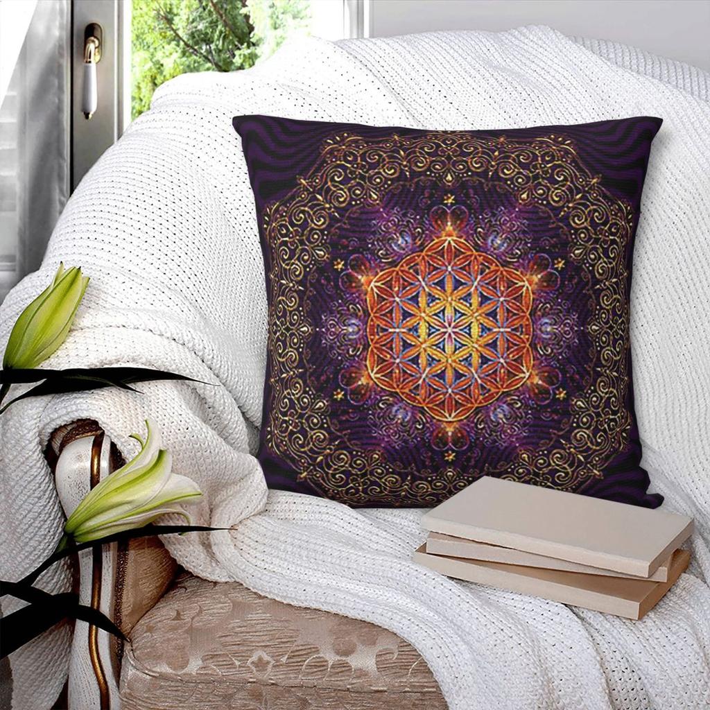 Flower Of Life Golden Lace Mandala Square Pillowcase Pillow Cover Cushion Zip Decorative Comfort Throw Pillow for Home Sofa