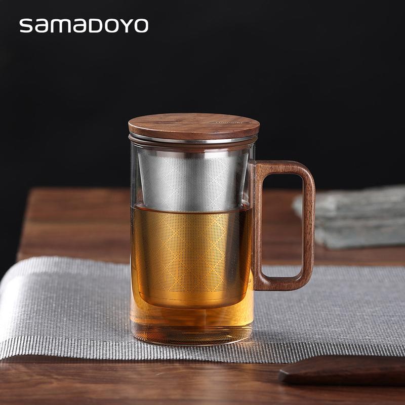 Glass Teacup with Wood Lid and handle,500mL Heat-resistant Flower Teacup