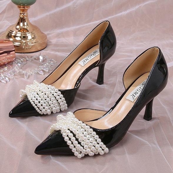 

Fashion Pearl Sheepskin Pointed Low Top Single Shoe Monochrome Patent Leather Wedding High Heels Stiletto Bridesmaid Fashion Shoes 41