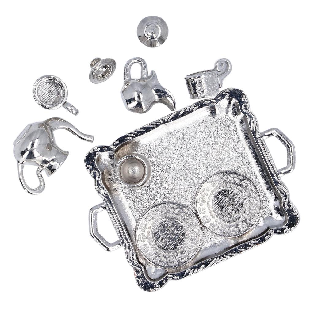 Miniature Tea Set Lifelike Alloy Dollhouse Tea Set Interactive Miniature Teapot Cup Plate Educational Dollhouse Kitchen