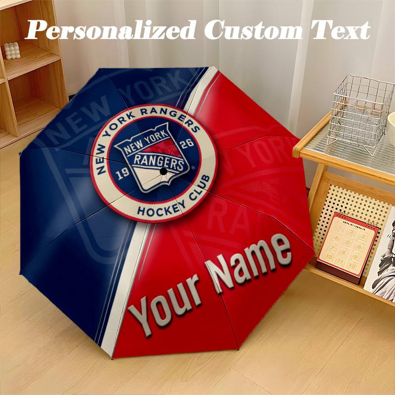 New York Rangers Automatic 8‑ribs Umbrella, Custom Name Text Personalized Folding Umbrella Rain Sun Gift