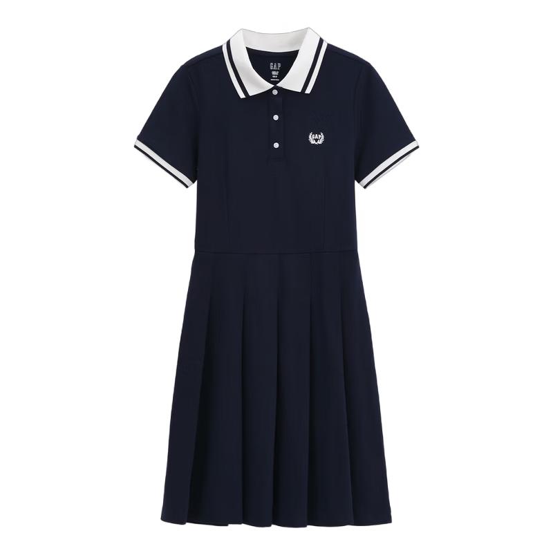 GAP Women's Pleated Logo Contrast Lapel Short Sleeve Dress