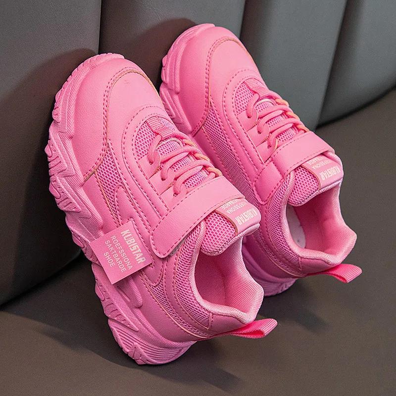 

Spring New Kids Sneakers PU Girls Casual Mesh Solid Pink Light Boys White Hook & Loop Children Non-slip Sports Shoes 37
