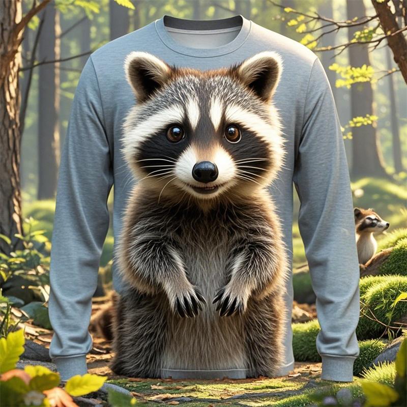 3D Print Cute Raccoon Graphic T-Shirt For Men Funny Animal Pattern Long Sleeve O-Neck Tees Loose Breathable Comfortable Man Tops
