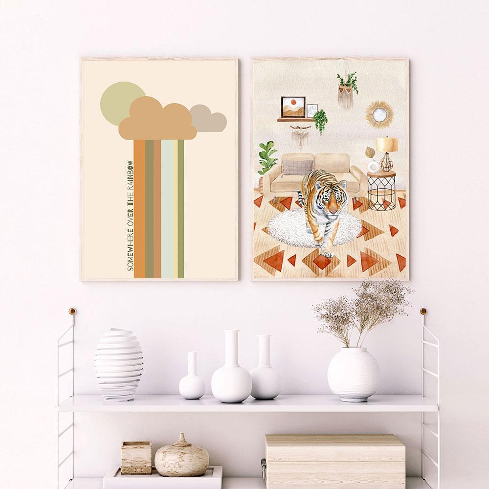 Boho Tiger Poster Minimal Abstract Art Print Rainbow Sunshine Neutral Canvas Painting Modern Wall Picture Living Room Home Decor