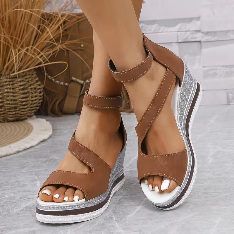 Fashionable brown cross-belt thick-soled wedge sandals, comfortable and increased women's shoes