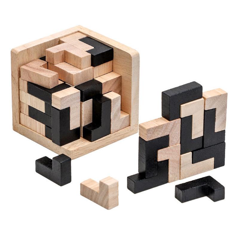 L-Shape Jigsaw Logic Puzzle Cube Wooden Brain Teaser for Adults Kids IQ Challenge Intellectual Gifts Eductional Toys