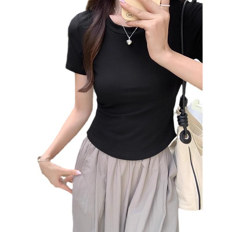 Sexy lace-up irregular waist design pure desire short-sleeved summer round neck front shoulder T-shirt women's slim short top