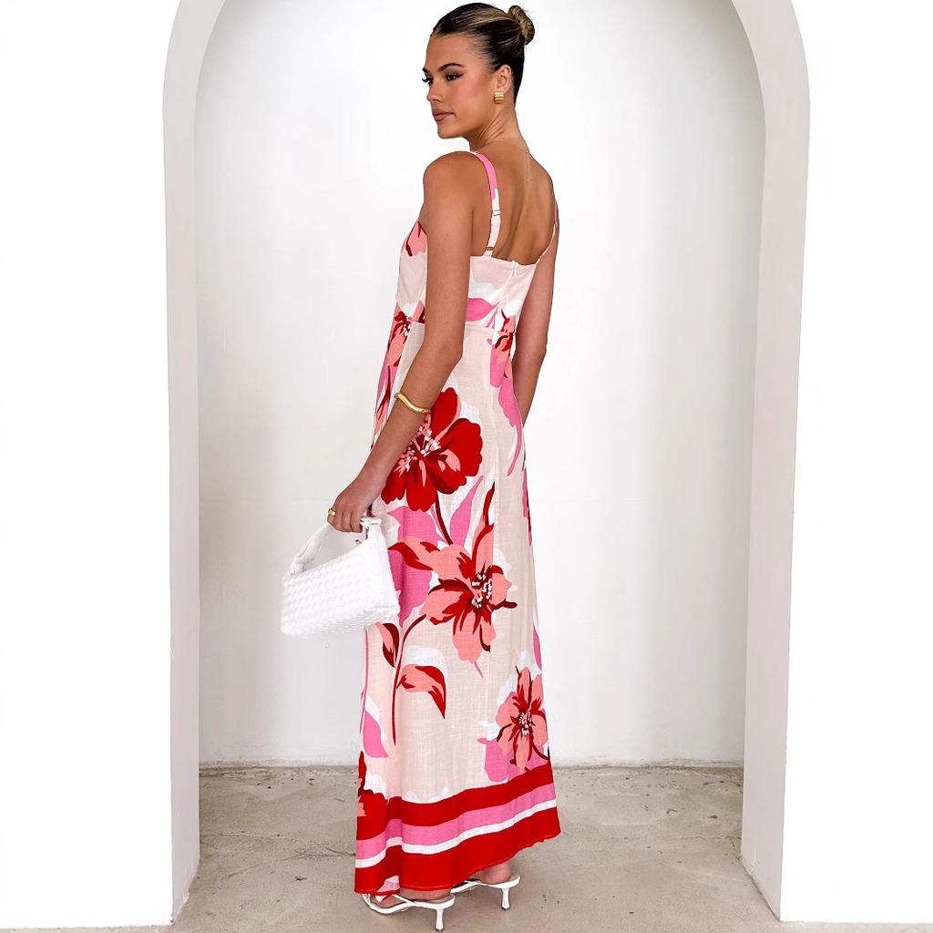 Womens Summer Boho Floral Dress Spaghetti Strap Square Neck Ruffle Casual Flowy A-Line Beach Swing Party Long Sundress Sleeveless Maxi Dress for Women