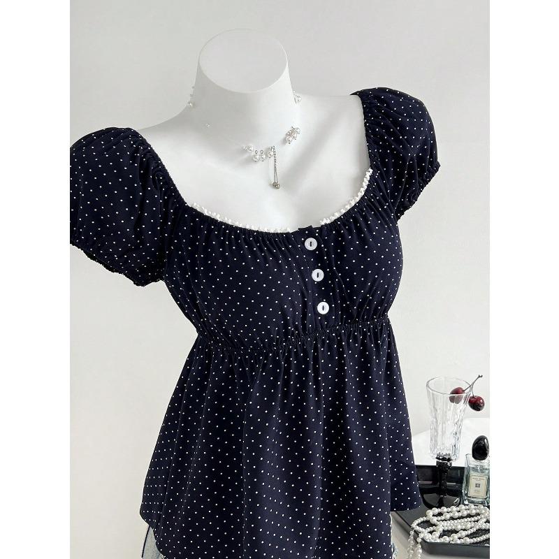 Summer New Polka Dot Puffed Sleeve Top, Printed Round Neck, Waist-cinching and Slimming Short-sleeved T-shirt for Women