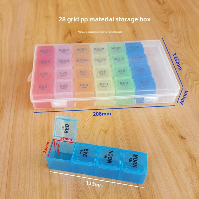 Erhältlich: Wöchentlicher Pillen-Organizer mit großer Kapazität und 28 Fächern in Regenbogenfarben