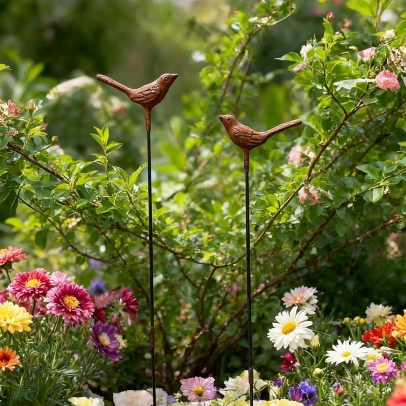 Bird Garden Stakes Set of 2 Iron Soil Insert Pieces for Pots, Flower Rows and Lawn Edges with Aged Brown Yard Form for Home Use Daily