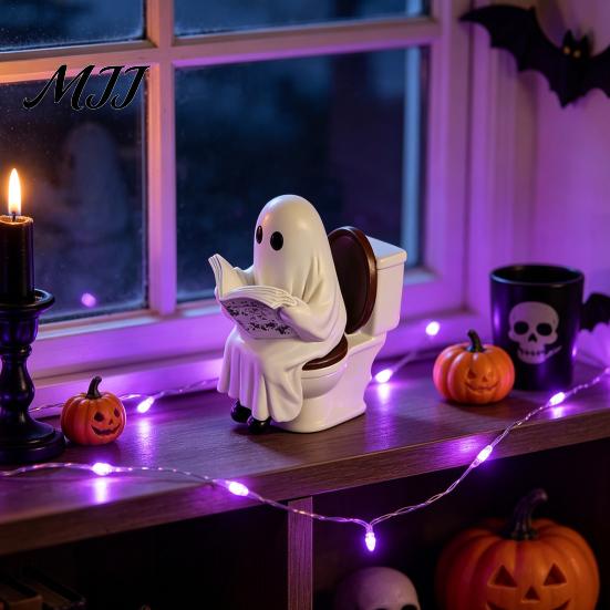 Ghost Reading on Toilet Cute Halloween Figurine, Resin Statue, Spooky Table Decor Funny Ornament for Tiered Tray Tabletop Mantel Gift