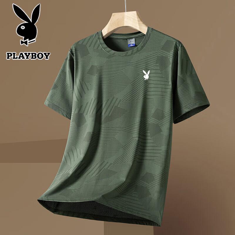 PLAYBOY Men s Summer Ice Silk Quick-Dry Loose Fit Round Neck Short Sleeve T-Shirt L